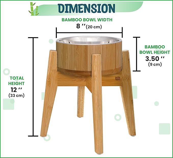 Raised Dog Bowl with Stand (12-inch) - Elevated Bamboo Food Bowl with Stainless Steel 304 Insert - Medium-to-Large Breeds Suitable