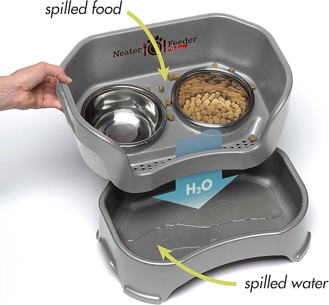 Neater Feeder Deluxe Mess Proof Dog Bowls Elevated for Large Breeds – Made in USA – No Spill Raised Slow Feeder Elevated Dog Bowl Stand, Stainless Steel Food and Water Bowl Set, Grey