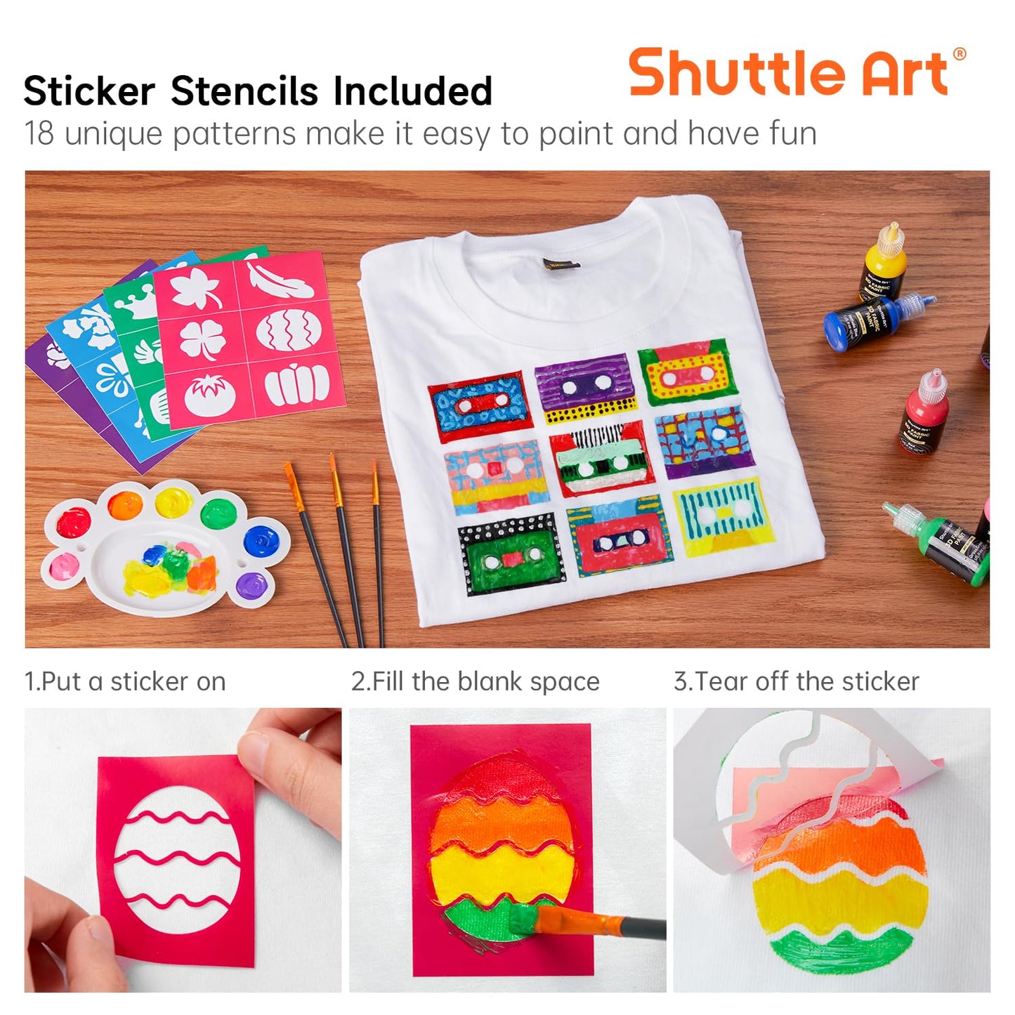 Shuttle Art Fabric Paint, 24 Colors 3D Permanent Paint with Brushes Palette Pen Fabric Sheet Stencils, Glow in The Dark, Glitter, Metallic Colors for Textile Fabric T-shirt Jeans Glass