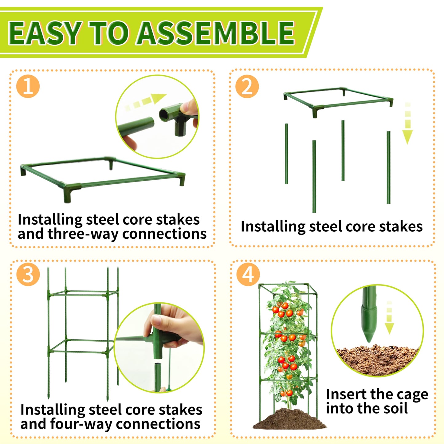 SORANGEUN 3 Pack Square Tomato Cages for Garden - 42 Inch Heavy Duty Tomato Plant Support Stakes, Sturdy Metal Core with Rust-Resistant Coating, Tomato Trellis for Raised Beds