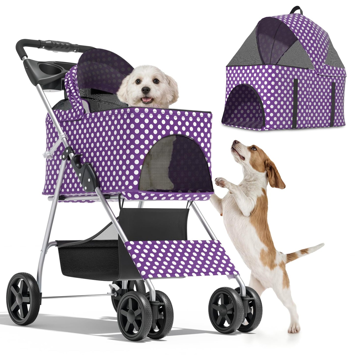 Magshion Foldable Pet Stroller, 3-in-1 Dog Travel Jogger with Detachable Carrier, Cup Holder, Storage Basket, Folding Carrier for Small/Medium Dogs & Cats Up to 33 lbs, Purple Polka Dots