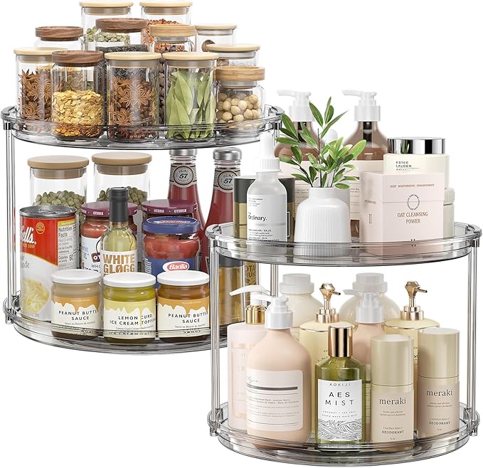 LAMU 2Pack 2 Tier Lazy Susan Organizer 12 inch Large Lazy Susan Turntable Rotating Spice Rack Organization for Cabinet, Kitchen, Pantry, Countertop, Bathroom, Vanity, Medicine Cabinet Organizer, Grey