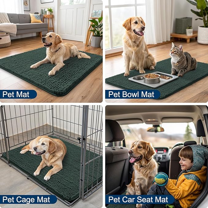 Smiry Dog Door Mat for Muddy Paws 59x24, Absorbs Moisture and Dirt Doormat, Non-Slip Washable Quick Dry Chenille Front Door Mat Indoor Entrance, Entryway Carpet for Inside Floor, Green