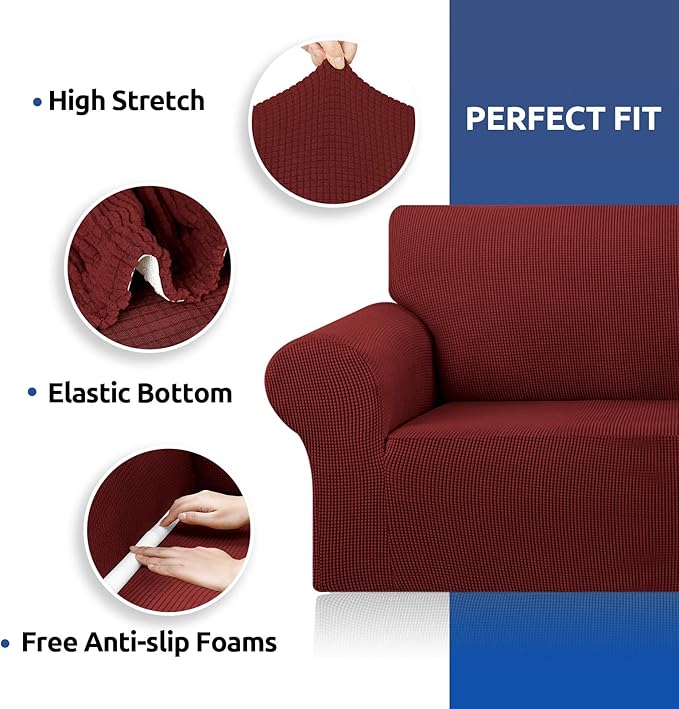 KEKUOU Stretch Oversized Sofa Slipcover 1 Piece Couch Sofa Cover (94"-110") Furniture Protector 4 Seater Sofa with Elastic Bottom for Kid,Pet.Jacquard Checked Pattern Fabric(X Large,Dark Red)