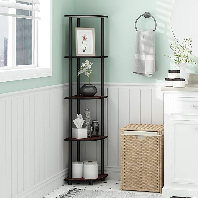 Furinno TURN-N-TUBE Corner Shelf Set of 2, 5-Tier Corner Bookshelf, Open Storage Shelves, for Organization and Storage, Living Room, Home Office, Garage, Dark Cherry