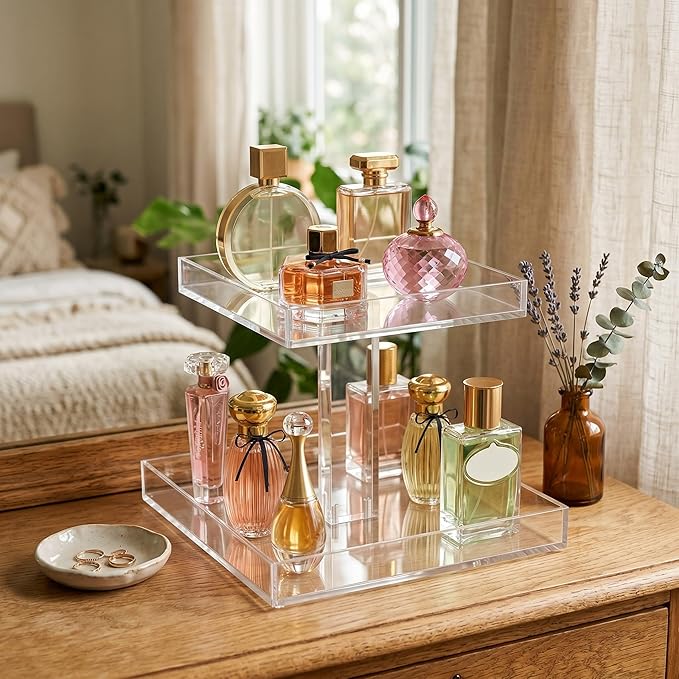 NIUBEE 2-Tier Acrylic Bathroom Cosmetic Storage Organizer for Dresser and Countertop - Standing Perfume Tray for Bedroom Decor