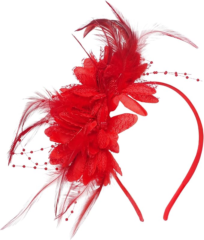 Womens Fascinators Hats Tea Party Hats for Women, Feather Pearl Veil Headband for Wedding Cocktail Dresses Accessories