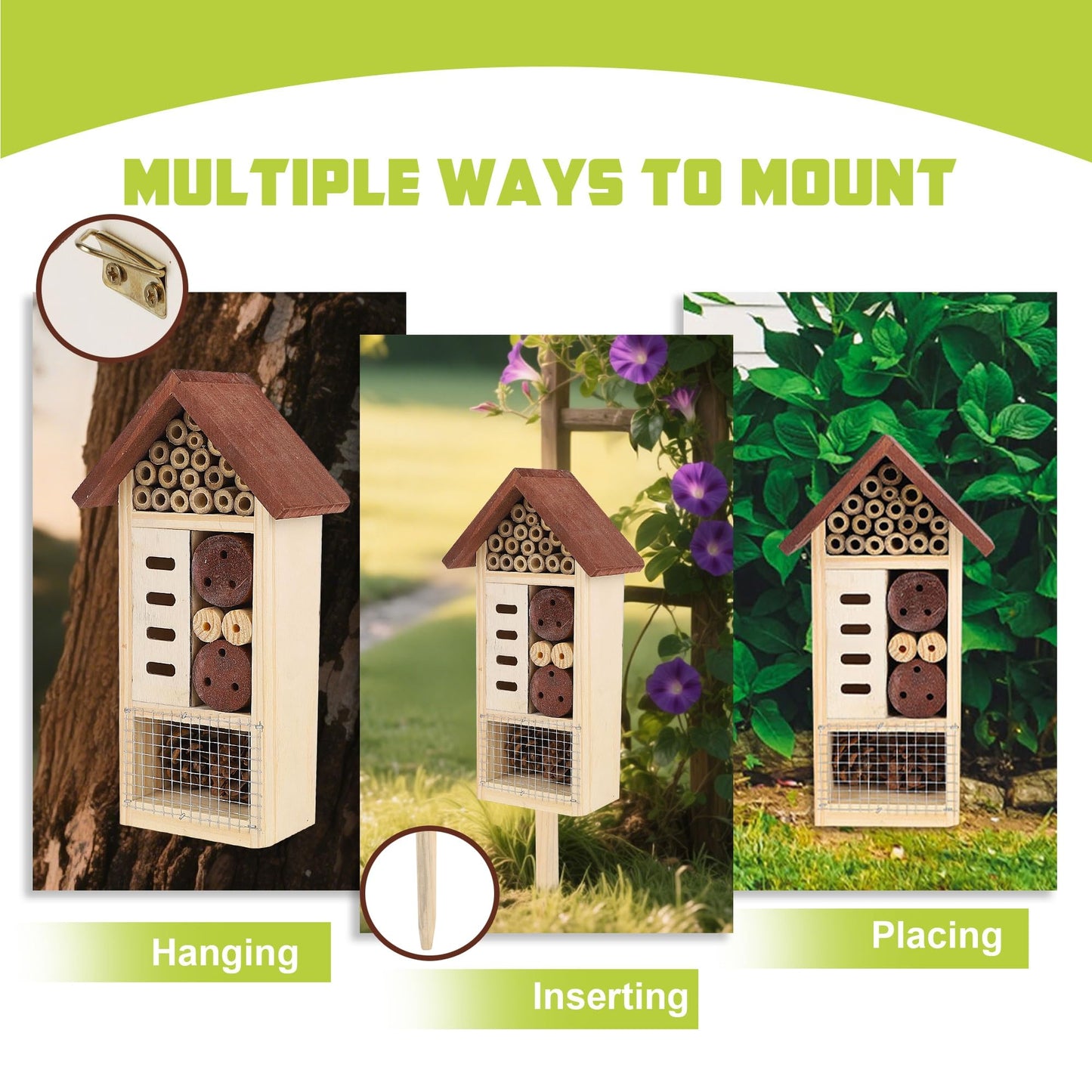 Lulu Home Wooden Insect House with Stake, Hanging & Inserting Two Mount Ways Insect Hotel for Bee, Butterfly, Ladybirds, Beneficial Insect Habitat, Bug Hotel Garden, 19.7 X 3.4 X 5.4 Inch