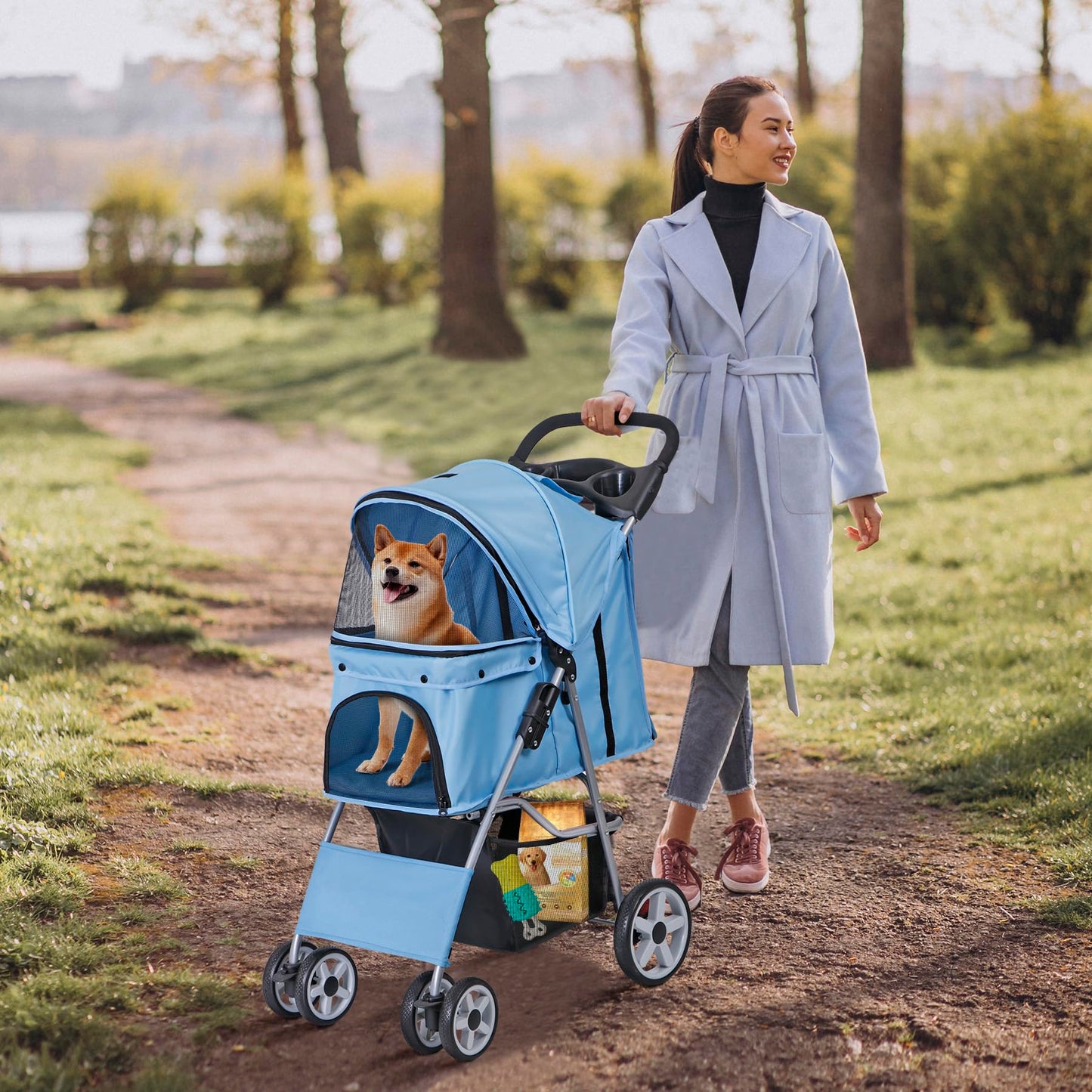 LEMY Pet Stroller,4 Wheels Dog Cat Stroller for Small Medium Dog Cats Carrier Jogger Travel Foldable Puppy with Storage Basket and Cup Holder(Blue)