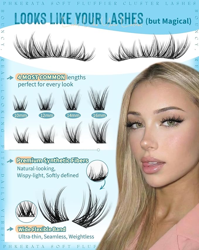 PHKERATA Natural Eyelash Clusters C Curly Lash Clusters Wispy Cluster Eyelash Extensions 180pcs Individual Lashes Extension with Soft Thin Band, 10-16mm