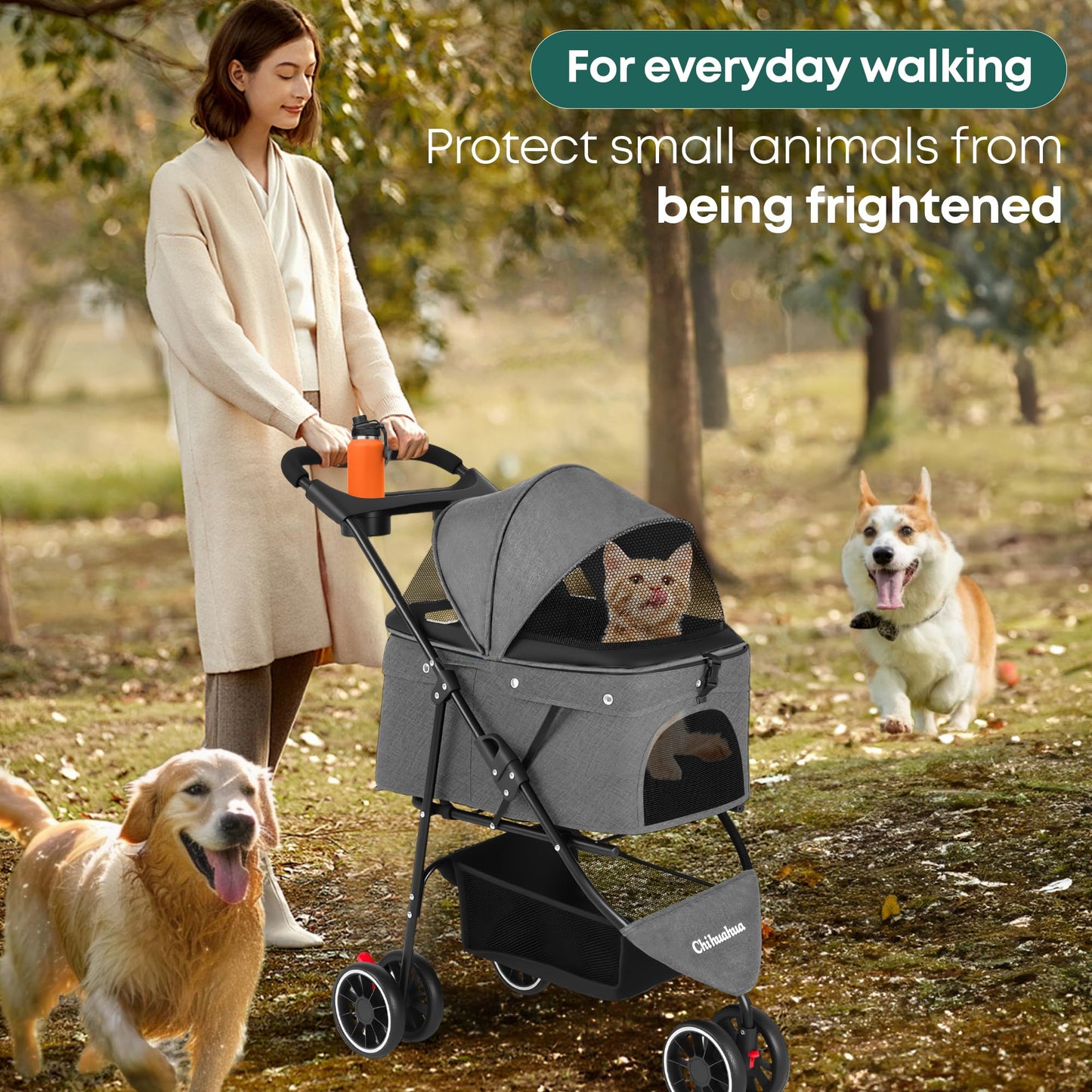 Pet Stroller,Dog Stroller for Small Medium Dogs Cats,3 Wheels,Foldable,with Breathable Mesh Canopy,Cup Holders,Easy Assembly,Grey