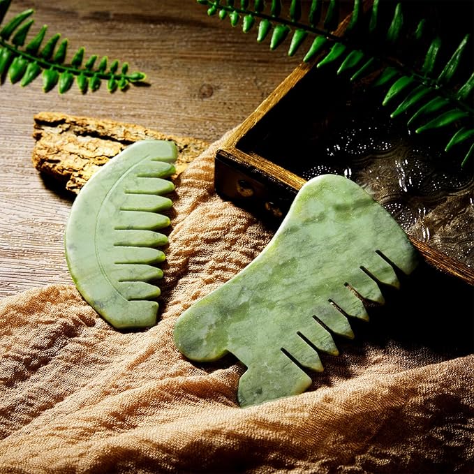BBTO 2 Pcs Jade Comb for Scalp Massage Gua sha Comb for Head Body spa Hair Multifunctional Handheld Massage Tools(Round, Classic Style)