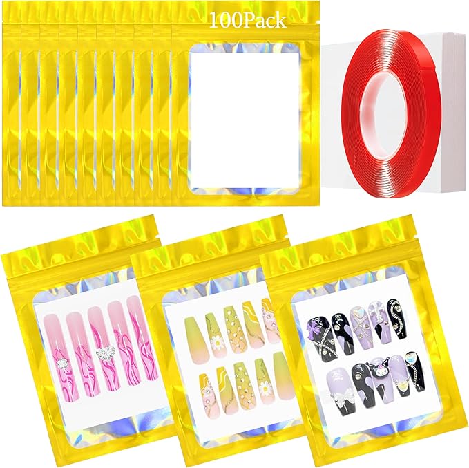 Qenk 100PCS Empty Holographic Nail Storage Bag Press on Nail Packaging Bag and 100PCS Shiny white cardboard Nail Tips Packaging Bags with 1 Roll Transparent Tape (Gold)
