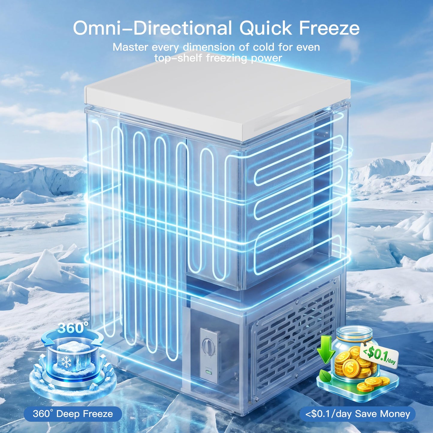 MEPTY 3.4 Cu.Ft Chest Freezer,Top Open Door Small Deep Freezer with 2 Removable Baskets,7 Adjustable Thermostat,Built-in LED Light,Quiet Energy Saving Freezers for Home,Kitchen,Garage Use