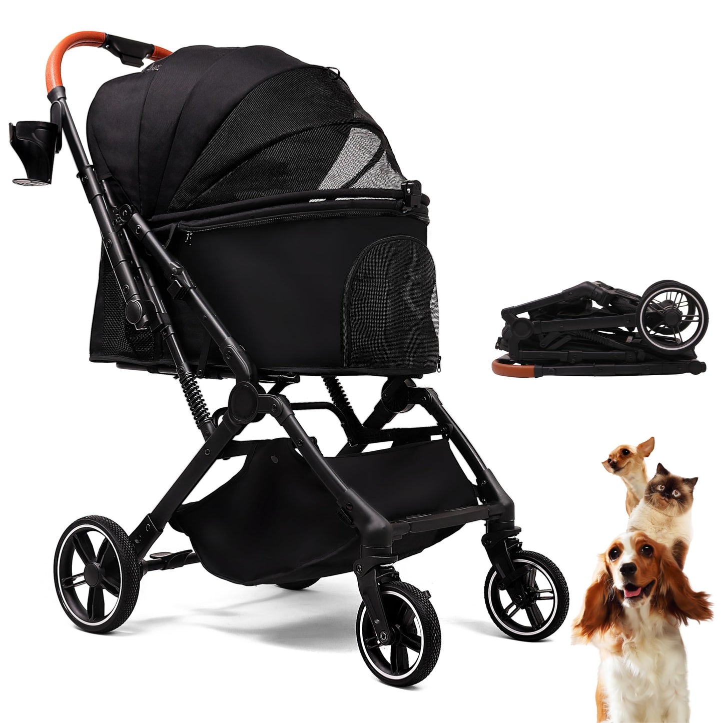 Bicystar Pet Stroller for Small Medium Dogs Cats Up to 45 lbs, Travel Lite Collapsible, All Terrain 4 Wheels for Jogging, Running, Black