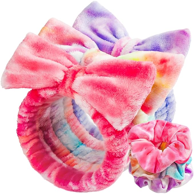 LEOBRO Makeup Headband, Spa Headbands, Skincare Headbands for Women, Headband for Washing Face, with Hair Band, Hair Scrunchies, Gifts for Teens, Girls, Women (Rainbow/Hot Pink/Violet)