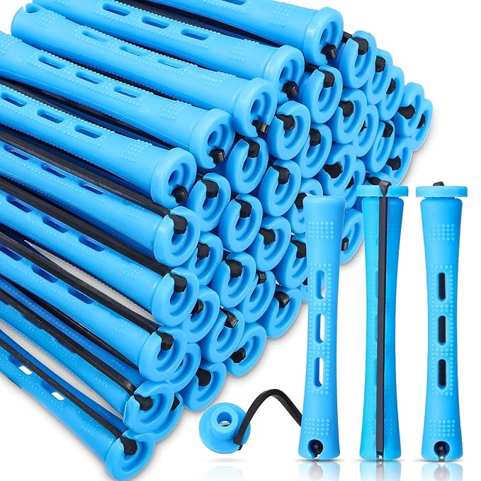 WILLBOND 60 Pcs Short Perm Rods Natural Hair Perm Rods with Elastic Rubber Band Non Slip Plastic Perming Cold Wave Kit for Women Hairdressing Styling Tool(0.35 Inch,Blue)