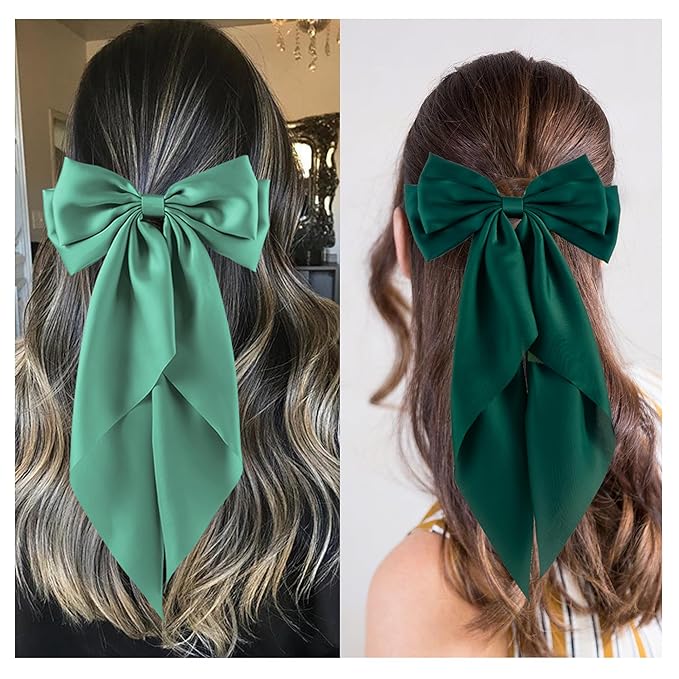 6Pcs Large Bows Hair Clips for Women Girls Long Tail Hair Ribbon Silky Satin Barrettes Coquette Bows Accessories (Black/Blue/Green/White)