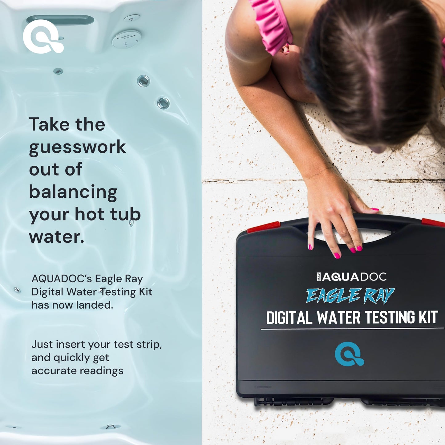 Eagle Ray Digital Spa Water Test Kit by AquaDoc with Digital Water Tester and 30 hot tub Test Strips for Chlorine, Bromine, Total Hardness, Cyanuric Acid, Alkalinity, and pH