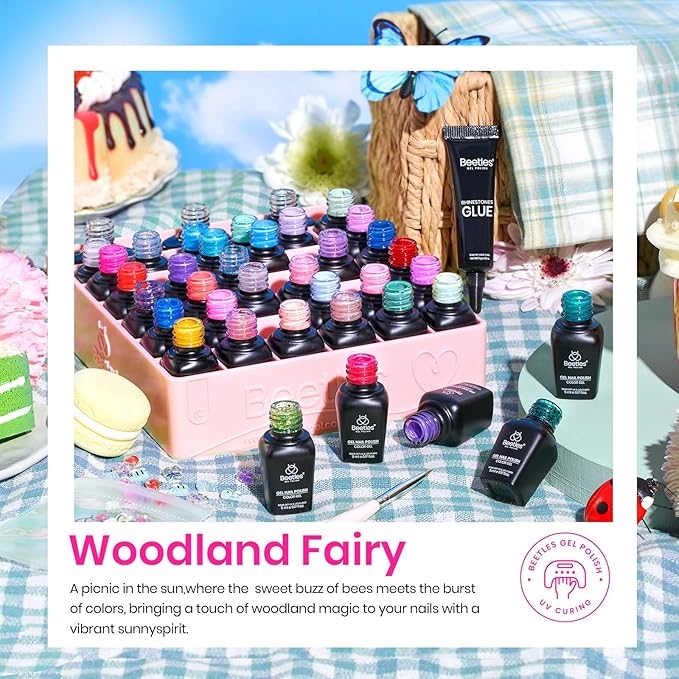 Beetles 36 Colors Gel Nail Polish Set, 42pcs UV Gel Nail Polish Colors Blue Pink Purple Orange Polish Shimmer Glitter Woodland Fairy Collection with Nail Art Rhinestone Spring Gifts for Women Girls