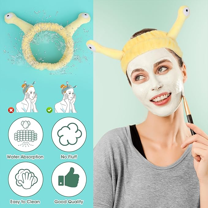 Face Wash Headband, Palm and Snail Spa Hair Bands Makeup Headbands Women Cartoon Cute Coral Fleece Elastic Headband Creative Hair Accessories for Washing Face Shower Sports (Yellow)