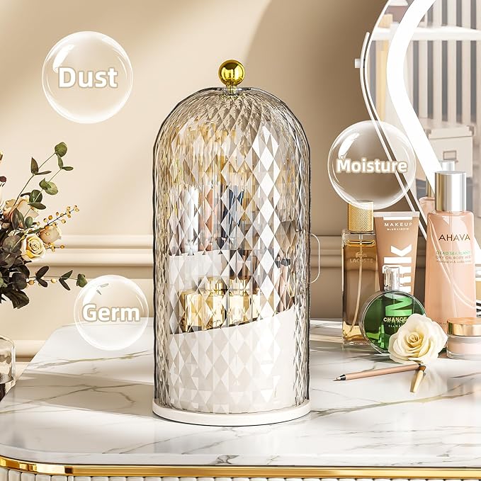 Dustproof Toothbrush Holder with Lid, 360 Rotating Countertop Electric Toothbrush Toothpaste Holders with Cover for Bathroom, 3 Slots Makeup Brush Holder with Lid for Vanity, Clear