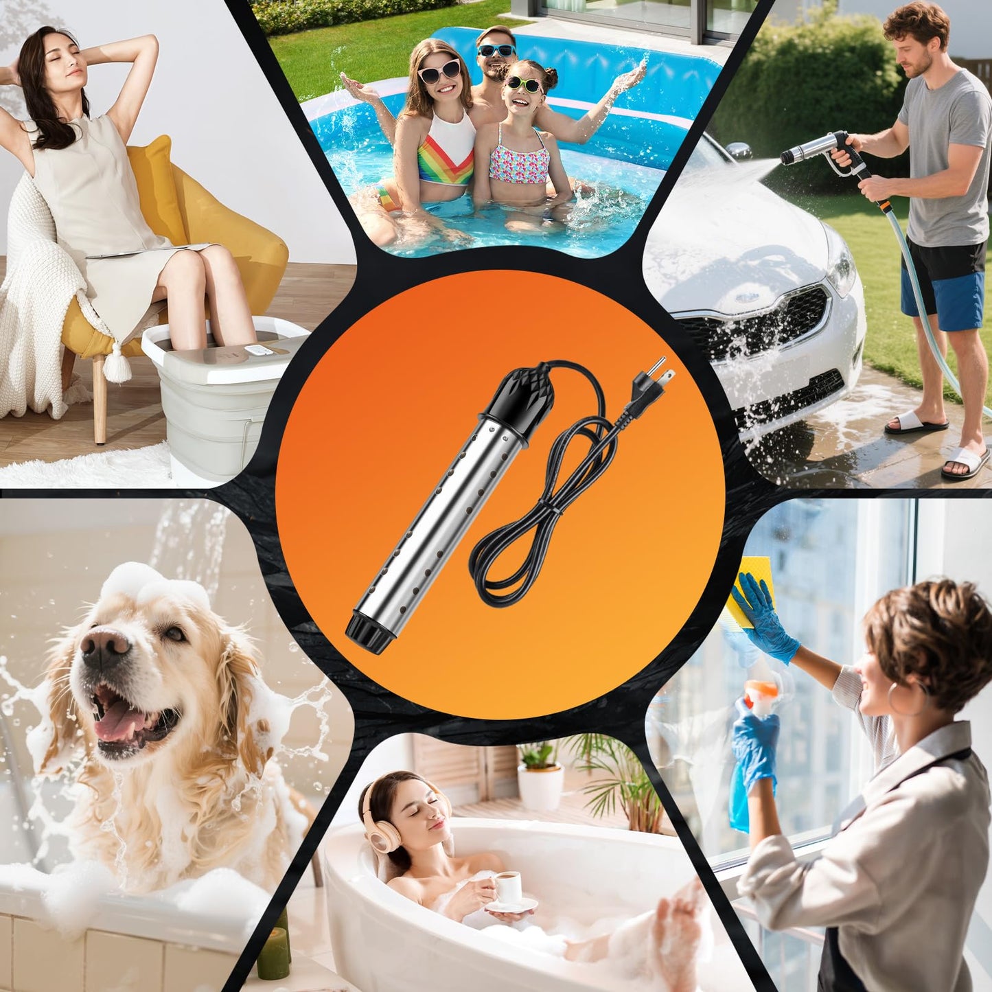 Portable Water Heater for Buckets & Tubs, 2000W Immersion Heater with Intelligent Shut-Off, Stainless Steel Guard & Digital Temperature Sensor, Fast Heating for Backyard Pools, RVs & Home Use