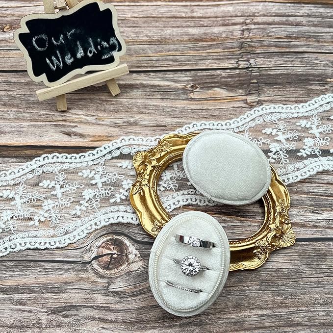 Velvet Oval Ring Box 3 Slots - Premium Wedding Three Rings Holder Box Vintage Handmade Storage Jewelry Organizer for Proposal, Engagement, Wedding Ceremony, Christmas (Ivory)