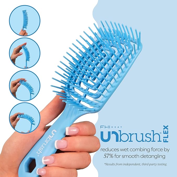 FHI Heat UNbrush Flex Detangling Brush — Ultra-Flexible, Pain-Free Hair Brush Detangler with DuoFlex Anti-Static Bristles for Removing Tangles, Massaging Scalp & Faster Styling - Blue