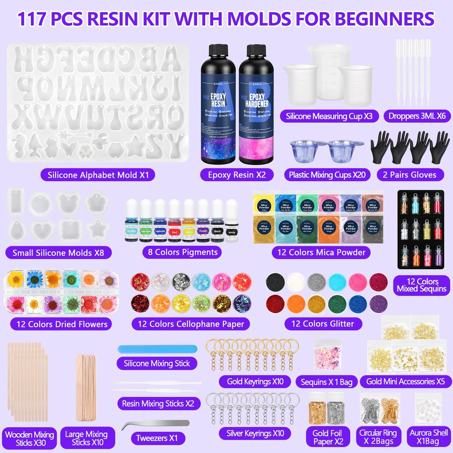 KISREL Epoxy Resin kit -18oz Clear Epoxy Resin with Silicone Alphabet Resin molds and Jewelry Making Kits, 2 Part Epoxy and Hardener for Casting Coating, Keychains, DIY Craft Decorations