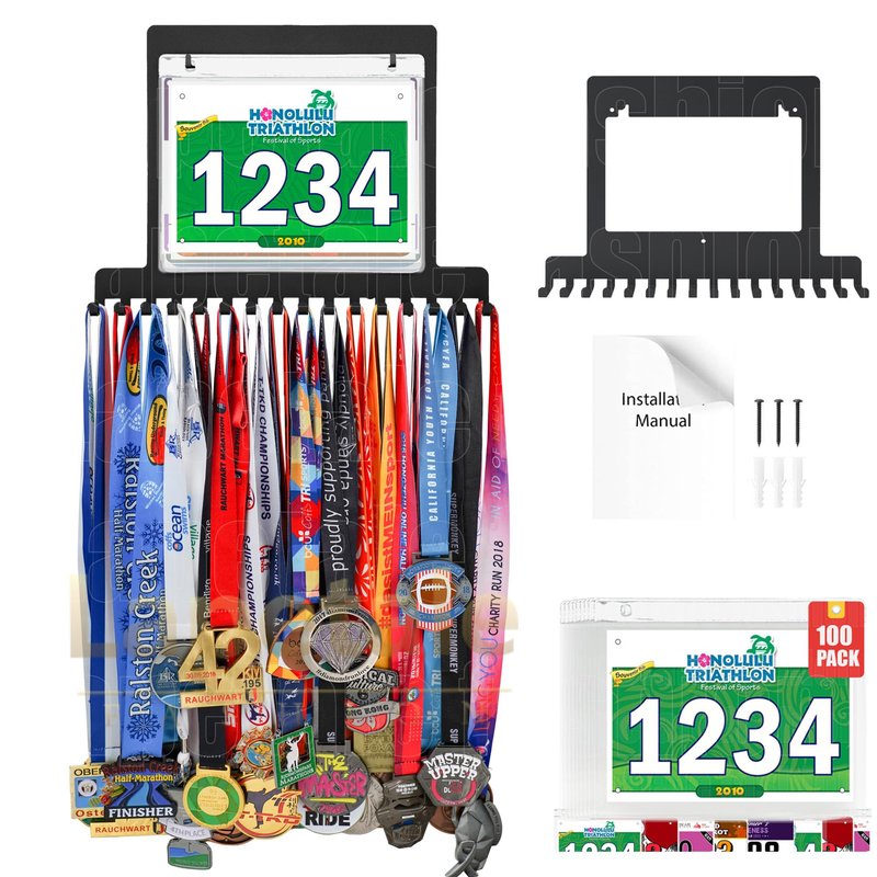 Lapetale Fashion Race Bib 100 and Medal Display,Marathon Medal Display and Runner Medal Hanger Display,Bib Running Medal Display, Running Medal Hanger Display,Medal Holder for Wall,Gifts for Runners
