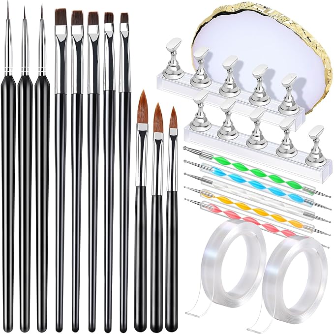 FANDAMEI Nail Art Brushes, Nail Brush Set With Nail Stand, Nail Holder For Painting Nails, Nail Art Tools, Nail Design Tools, 11PCS Nail Brushes For Nail Art, 5PCS Nail Dotting Tool, Nail Art Palette