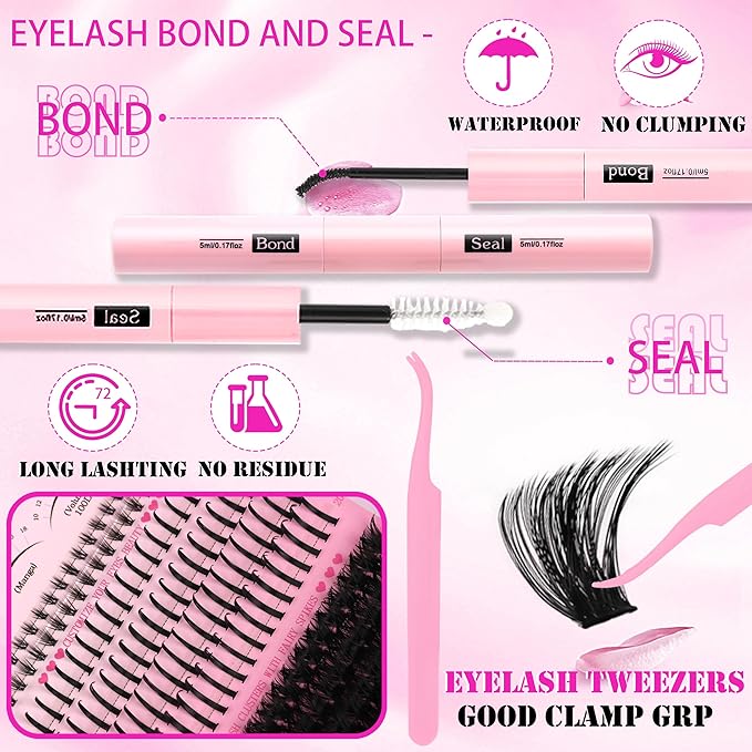 YIDUO Lashes Clusters Kit with Spikes Bottom Lash Extensions 816Pcs Bulk Packs with 2X Bond&Seal Wispy Individual Fake Eyelash Kit Wholesale Large Pack for Beginners Gift Choice