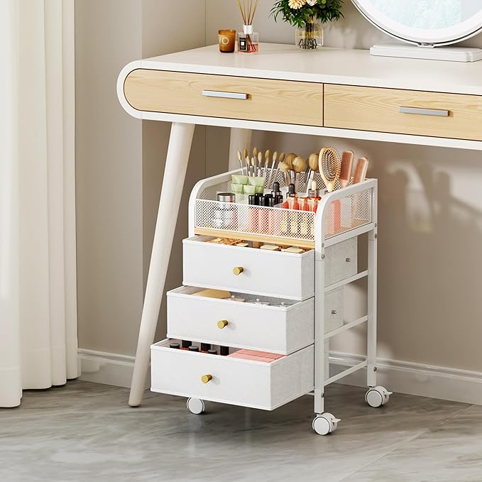 SWTYMIKI Rolling Makeup Organizer Cart - 14.96Ã¢ÂÂ³*11.81Ã¢ÂÂ³*23.03Ã¢ÂÂ³ Widened Under Desk Vanity Storage with 3 Non-woven Drawers, Cosmetic Display Cases for Skin Care Perfume Nail Polish Brush Hair Tool White