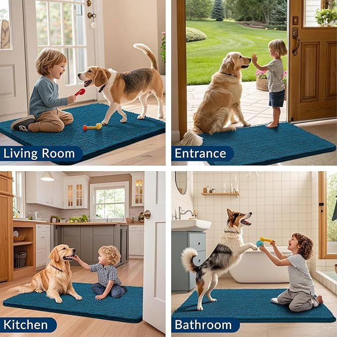 Smiry Dog Door Mat for Muddy Paws 40x32, Absorbs Moisture and Dirt Doormat, Non-Slip Washable Quick Dry Chenille Front Door Mat Indoor Entrance, Entryway Carpet for Inside Floor, Atlantic Blue