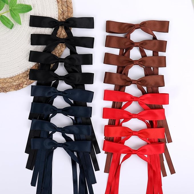Hair Bows Clips Coquette Ribbon Bowknot with Long Tail Princess Hair Bows French Barrettes Hair Accessories for Women Girls 16PCS (Red, Brown, Dark Blue, Black)