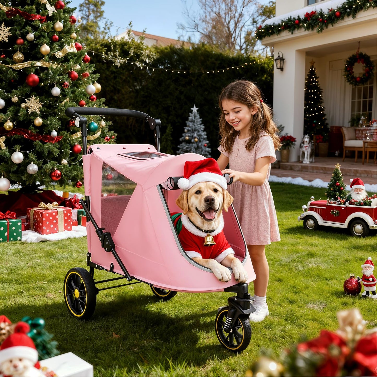MoNiBloom Pet Stroller for Large Dogs or Multiple Dogs Cats with Adjustable Handle, 3-Wheels Dual Entry Portable Dog Carting Easy Folding Pet Wagon Double Dog Stroller up to 55 lbs, Pink