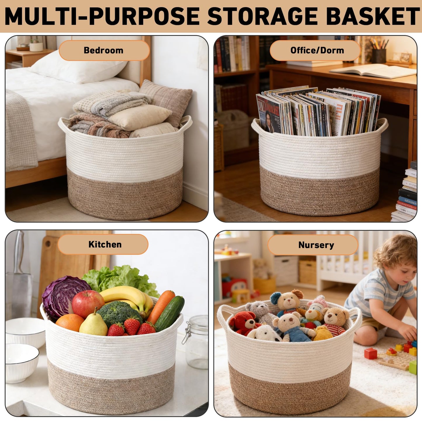 HZFTJOY 65L Large Woven Cotton Rope Blanket Basket with Handles, Laundry Hamper Storage Bin for Pillows, Clothes, Bedroom and Living Room Organization, White & Brown