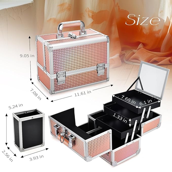 Joligrace Dazzle Gold Makeup Train Case, 3-Tier Makeup Box Organizer and Portable Makeup Organizer Box, Hard Makeup Case with Mirror and Lock, Professional Makeup Case for Women