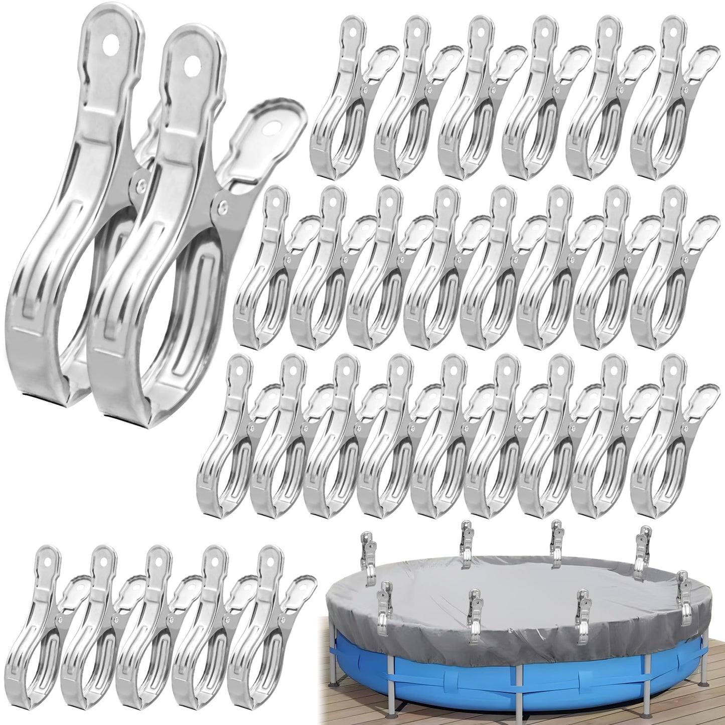 30 PCS Pool Cover Clips Stainless Steel Wind Guard Clamps 5.1 Inch Large Pool Covers Clamps Heavy Duty Swimming Pools Windproof Clips for Above Ground Pools Cover
