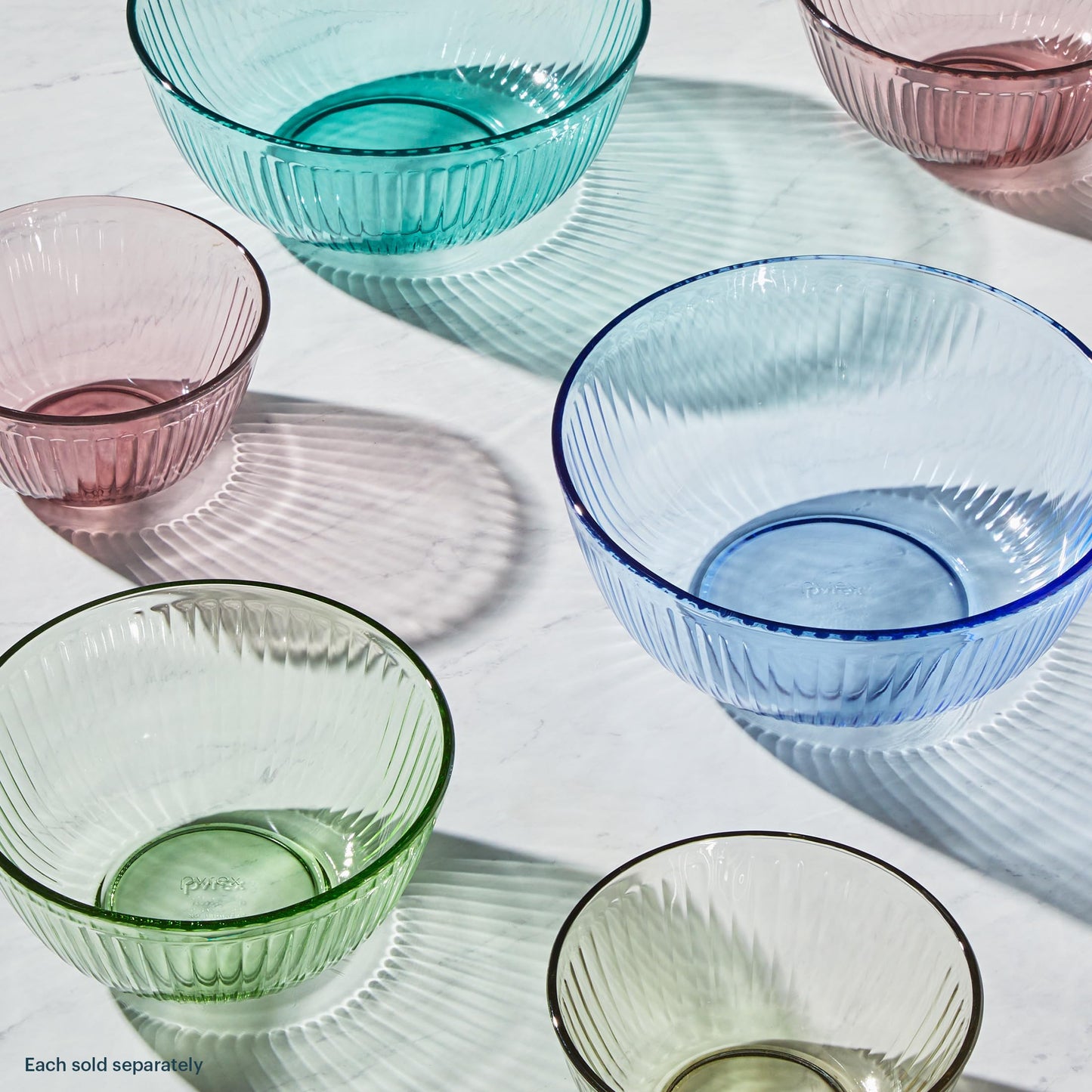Pyrex Colors Tinted (3-Pack) Sculpted Tinted Unlidded Small/Medium/Large Glass Mixing Bowls, Nesting Space Saving Set of Bowls For Prepping and Baking, 1.3QT, 2.3QT & 4.5QT