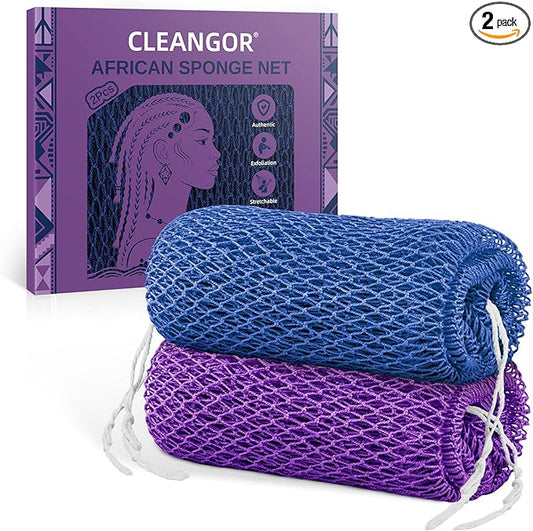 Cleangor 2Pcs African Net Sponge Authentic with Knots - Exfoliating Body Scrubber for All Skin Types, African Bath Sponge, Wash Cloth, Gentle Exfoliation Shower Rag for Women Daily Use (Blue & Purple)