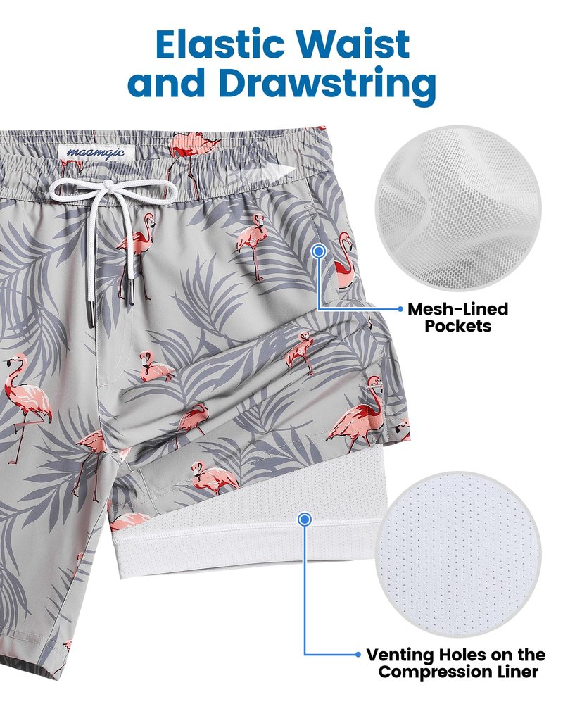 maamgic Mens Swim Trunks with Compression Liner 7 Inch Inseam Mens Bathing Suit Quick Dry Swimming Trunks Swimsuit Flamingo Gray White Medium