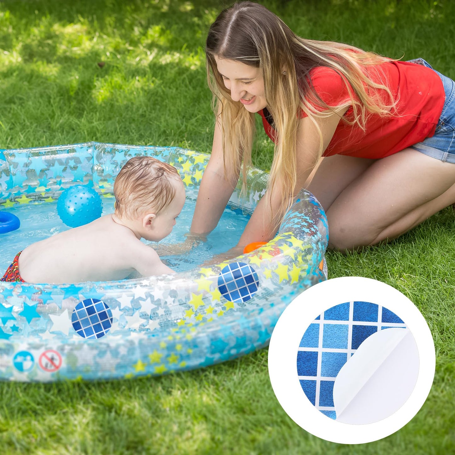 Outus 24 Pcs Vinyl Pool Patch Repair Kit Self Adhesive Pool Liner Plastic Repair Patch Pool Patches for Above Ground Pools Inflatable Boats Air Mattress Products, 4 Inch (Gradient Blue Plaid)