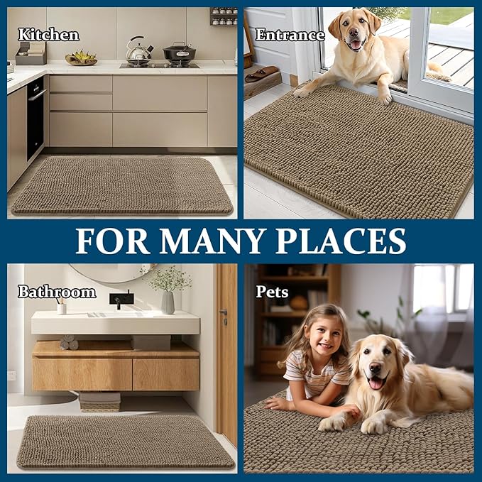OLANLY Dog Door Mat for Muddy Paws 59x24, Absorbs Moisture and Dirt, Absorbent Non-Slip Washable Doormat, Quick Dry Chenille Mud Mat for Dogs, Entry Indoor Entryway Carpet for Inside Floor, Tan