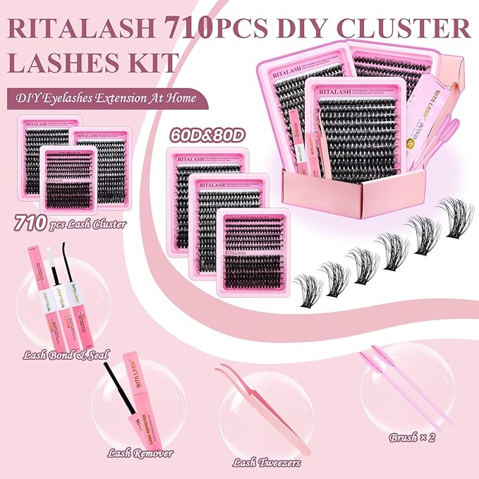 Lash Clusters Kit 3D Effect Cluster Eyelash Extensions Lashes Clusters Kit Eyelash Clusters Kit PestaÃÂ±as Postizas Naturales Lash Extension Kit+Lash Bond&Seal,Remover,Tweezers,Brush(60D+80D Lash Kit)