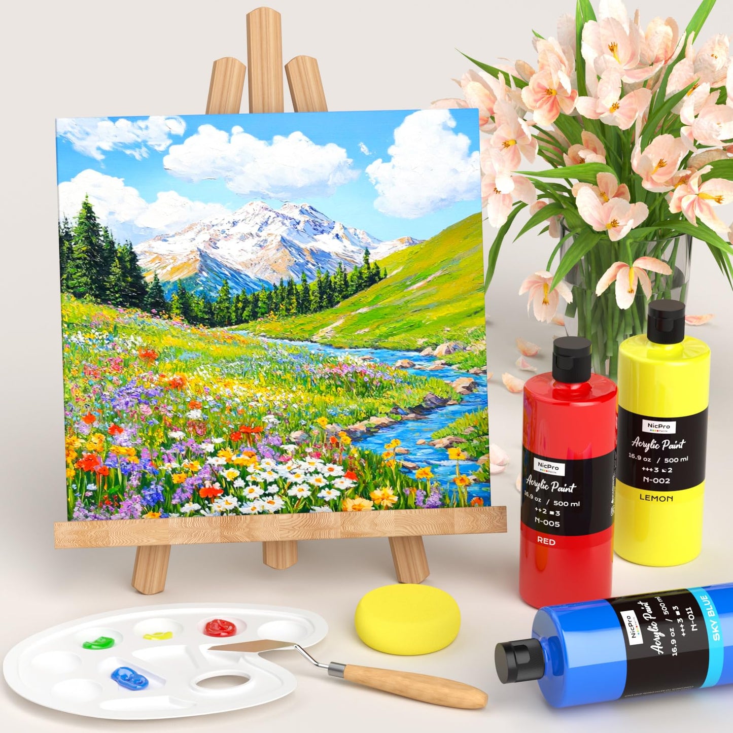 Nicpro 8 Colors Large Bulk Acrylic Paint Set(16.9 oz, 500 ml), Rich Pigments, Non Toxic Craft Paint for Multi Surface, Canvas, Wood, Leather, Ceramic, Fabric - Art Painting Supplies for Beginners, Artists & Adults