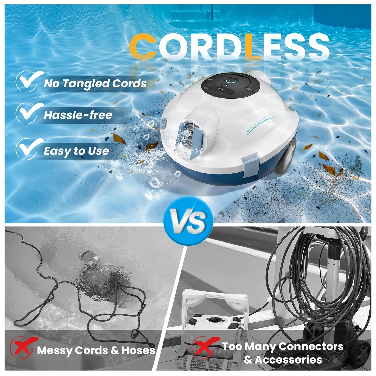 Y10 Cordless Robotic Pool Cleaner, Automatic Pool Vacuum - 90 Mins Runtime, Powerful Suction, Self-Parking, Lightweight for Above/Inground Pools Up to 65ft/1100 Sq.Ft (White)