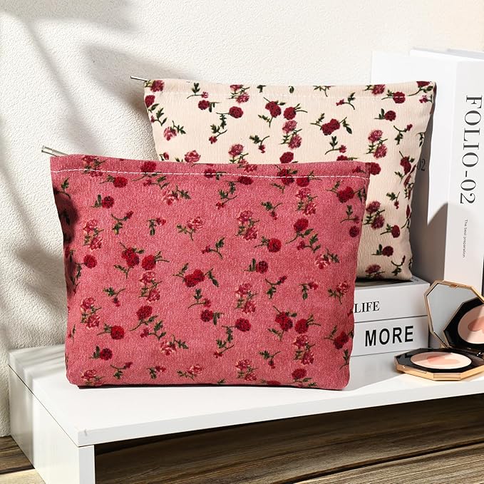 SOIDRAM 2 Pieces Rose Makeup Bag Large Corduroy Cosmetic Bag Capacity Canvas Travel Toiletry Bag Organizer Cute Makeup Brushes Aesthetic Accessories Storage Bag for Women, Rose L White Pink