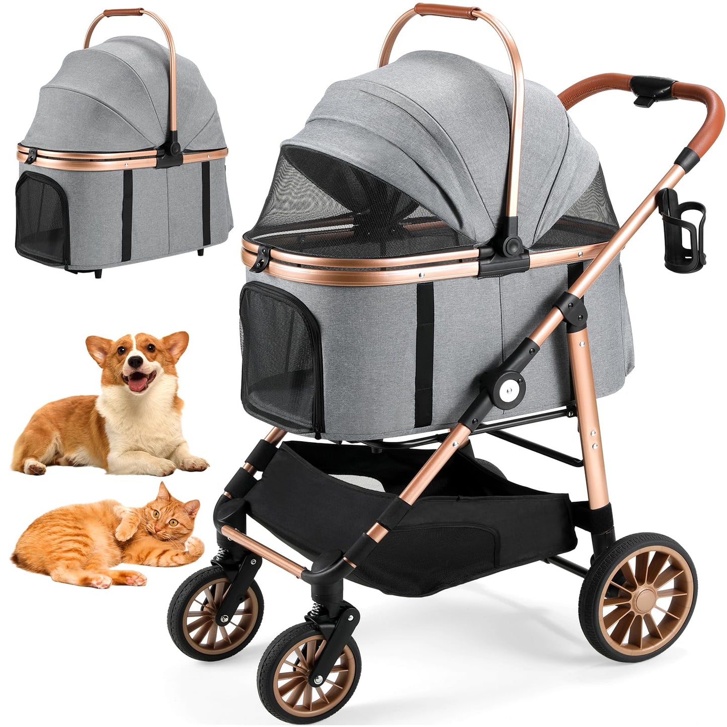 MAMIZO Pet Stroller for Medium Dogs Cats Up to 44 lbs, All-Terrain 3-in-1 Dog Stroller with Detachable Carrier, Rubber Wheels, One-Click Folding, Storage Basket & Cup Holder, for Senior Dogs & Cats